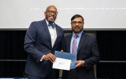 President Hemphill with Khan Iftekharuddin, professor in ODU's Batten College of Engineering and Technology