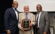 President Hemphill with Professor Jean Delayen and Provost Agho